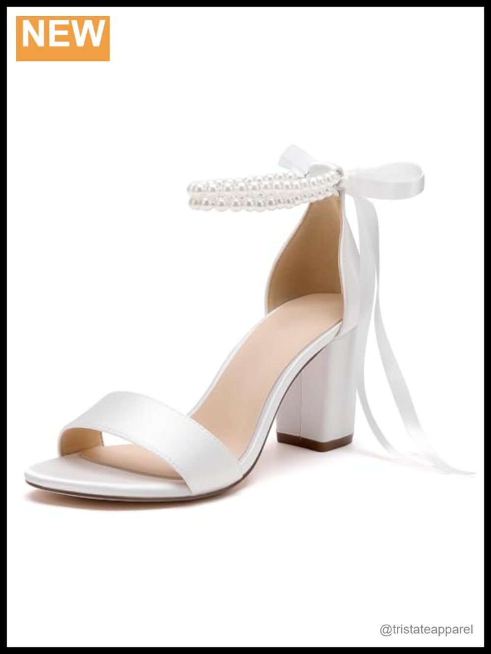 Pearl Satin Open Toe Block Heel Wedding Sandals with Bow Ankle Strap